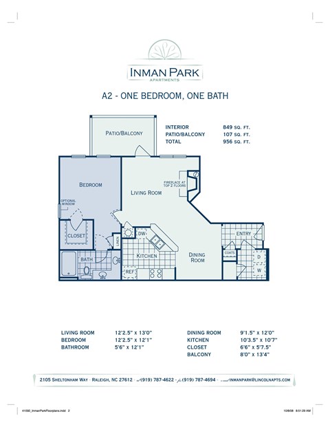 Floor plan for 1 bed, 1 bath, 849 sqft